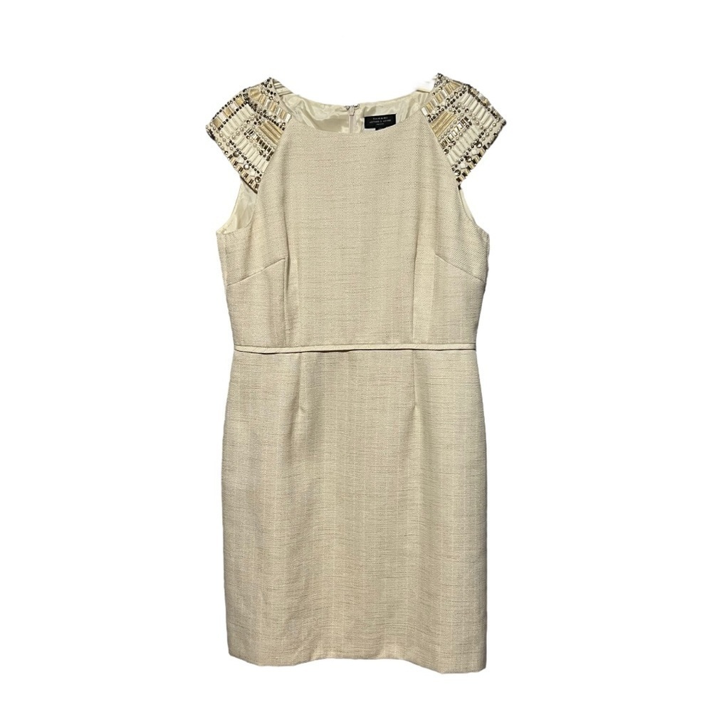 Tahari Jimlee Ivory & Tan Sheath Dress Beaded Embellished Capped Sleeve Midi 12P